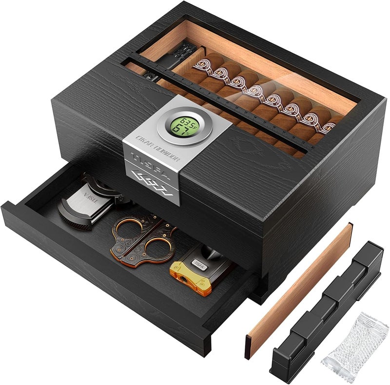 TISFA Cigar Humidor, Cedar Wood Desktop Humidor Box with Digital Hygrometer, Adjustable Humidifier, Accessory Drawer, Divider, Cigar Length Measurement, Glass Top Storage Holder Cigar Case (Black) - Image 1